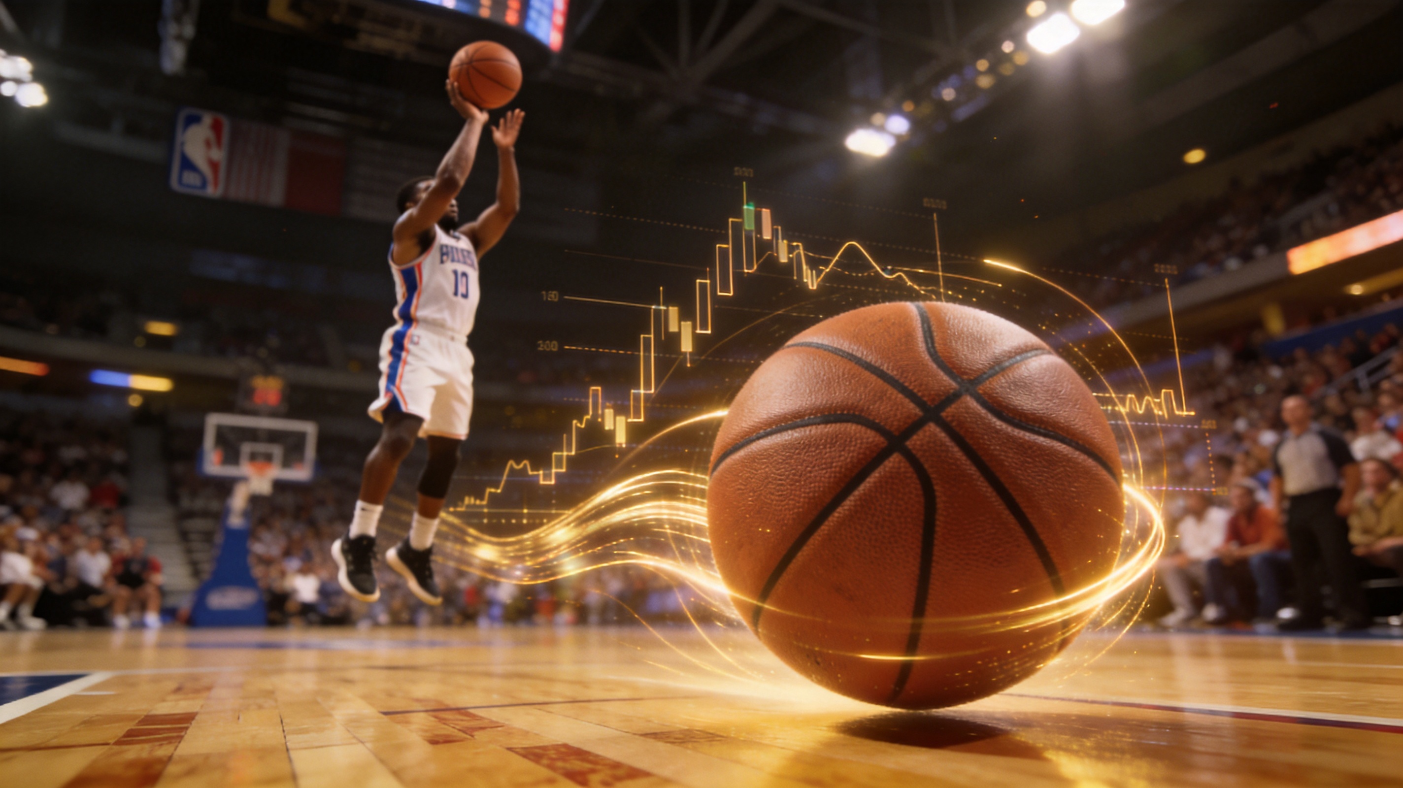 篮球馆内比赛进行中,用于NBA三分出手结构与节奏分析配图